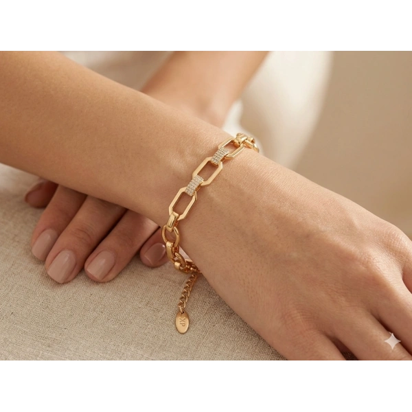 Euro Aksesuar Xuping Bileklik, 19-23 cm Ayarlanabilir Zincir, Rosegold Kaplama Oval Halkalar, 3 Sıra Kristal Taş Detayı, Suya Dayanıklı