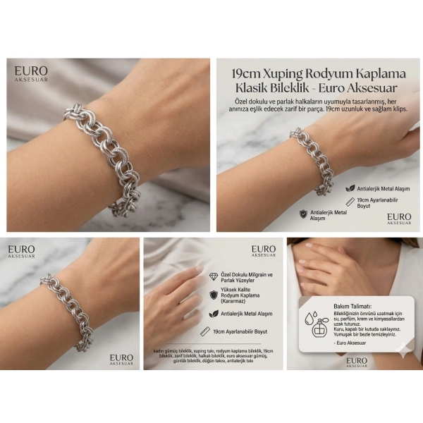 Xuping 19cm Gümüş Kaplama Özel Dokulu Halka Bileklik - Euro Aksesuar