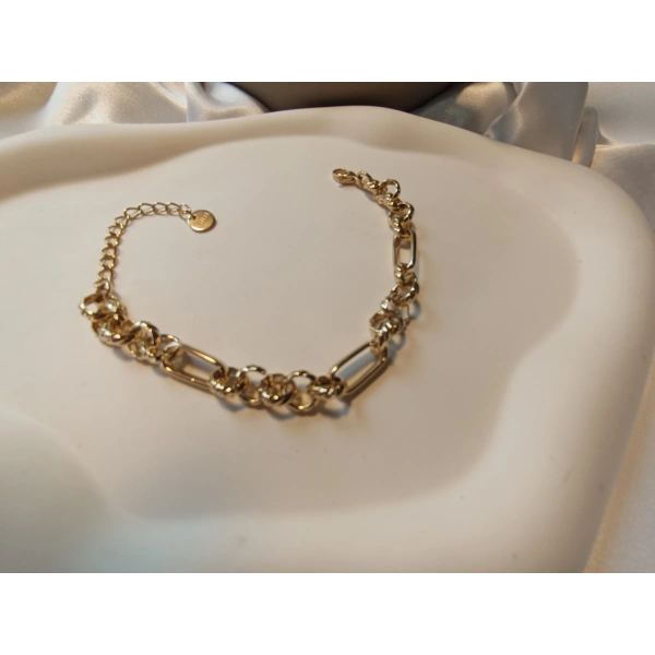 Euro Aksesuar 316L Çelik 14K Altın Kaplama Figaro & Halka Detaylı Ayarlanabilir Kadın Bileklik (17-23 cm)