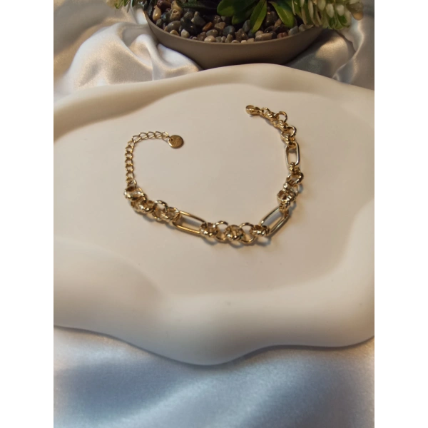 Euro Aksesuar 316L Çelik 14K Altın Kaplama Figaro & Halka Detaylı Ayarlanabilir Kadın Bileklik (17-23 cm)