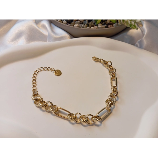 Euro Aksesuar 316L Çelik 14K Altın Kaplama Figaro & Halka Detaylı Ayarlanabilir Kadın Bileklik (17-23 cm)