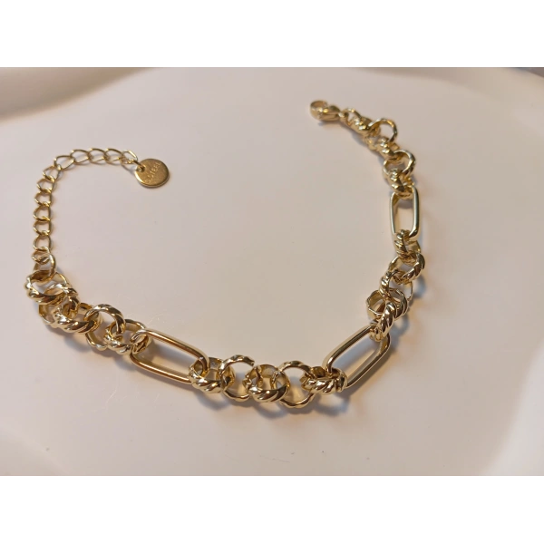 Euro Aksesuar 316L Çelik 14K Altın Kaplama Figaro & Halka Detaylı Ayarlanabilir Kadın Bileklik (17-23 cm)