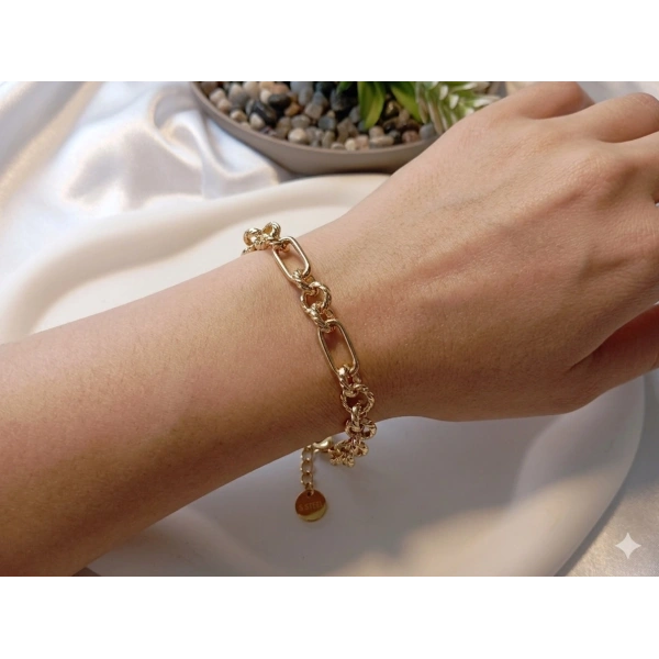 Euro Aksesuar 316L Çelik 14K Altın Kaplama Figaro & Halka Detaylı Ayarlanabilir Kadın Bileklik (17-23 cm)