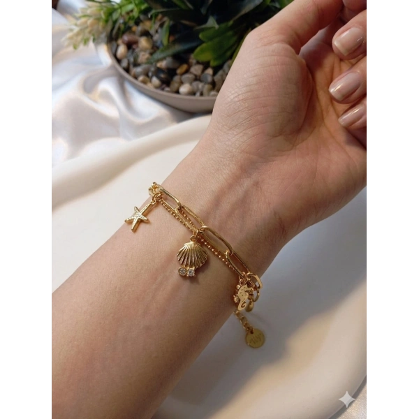 Euro Aksesuar 14 Ayar Altın Kaplama Deniz Esintisi Çelik Şans Bilekliği