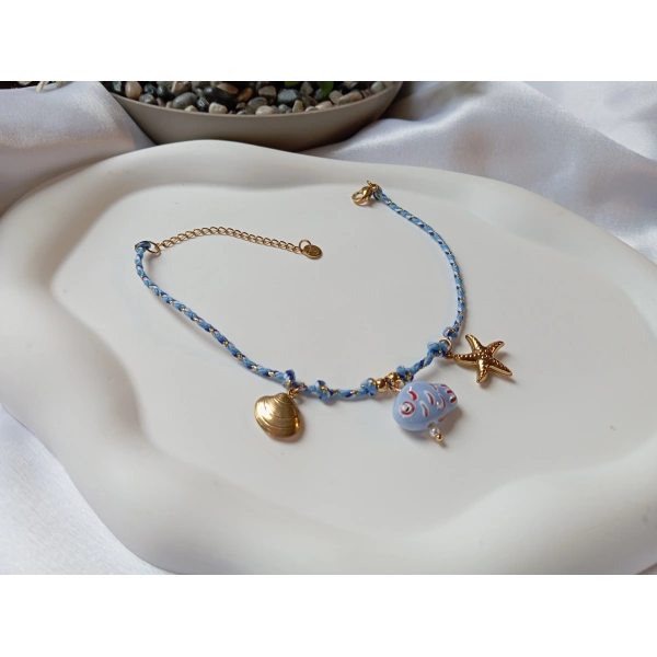 Euro Aksesuar Mavi Örgü İp Çelik Halhal - Deniz Yıldızı, İstiridye ve Balık Figürlü