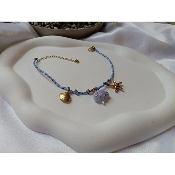 Euro Aksesuar Mavi Örgü İp Çelik Halhal - Deniz Yıldızı, İstiridye ve Balık Figürlü