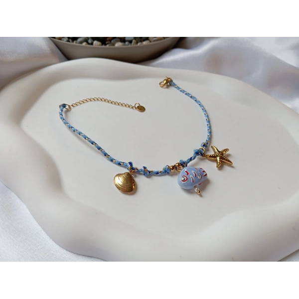 Euro Aksesuar Mavi Örgü İp Çelik Halhal - Deniz Yıldızı, İstiridye ve Balık Figürlü