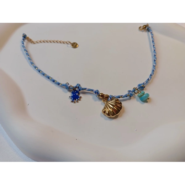 Euro Aksesuar Marin Serisi Altın Kaplama İstiridye ve Ahtapot Figürlü Mavi Örgü Halhal