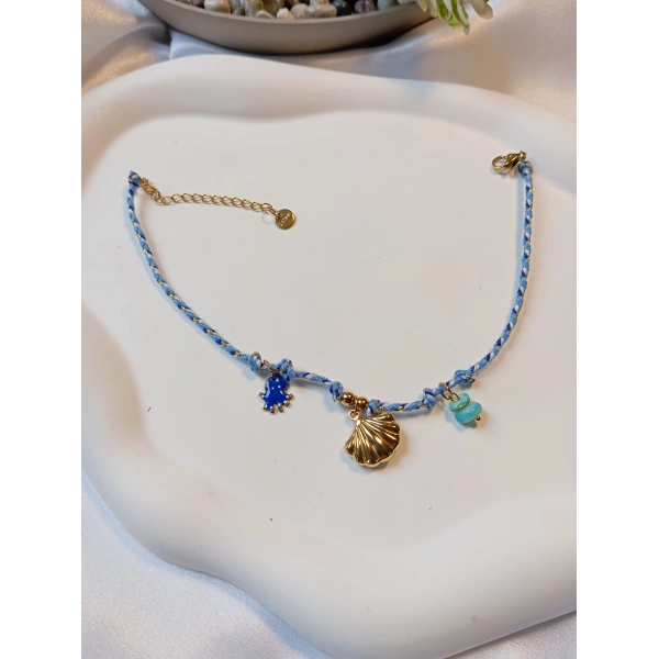 Euro Aksesuar Marin Serisi Altın Kaplama İstiridye ve Ahtapot Figürlü Mavi Örgü Halhal