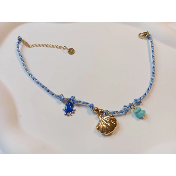 Euro Aksesuar Marin Serisi Altın Kaplama İstiridye ve Ahtapot Figürlü Mavi Örgü Halhal