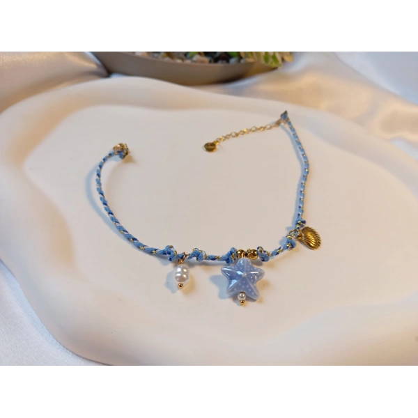 Euro Aksesuar Gold Kaplama Açık Mavi Kristal Taşlı Deniz Yıldızı ve İnci Halhal
