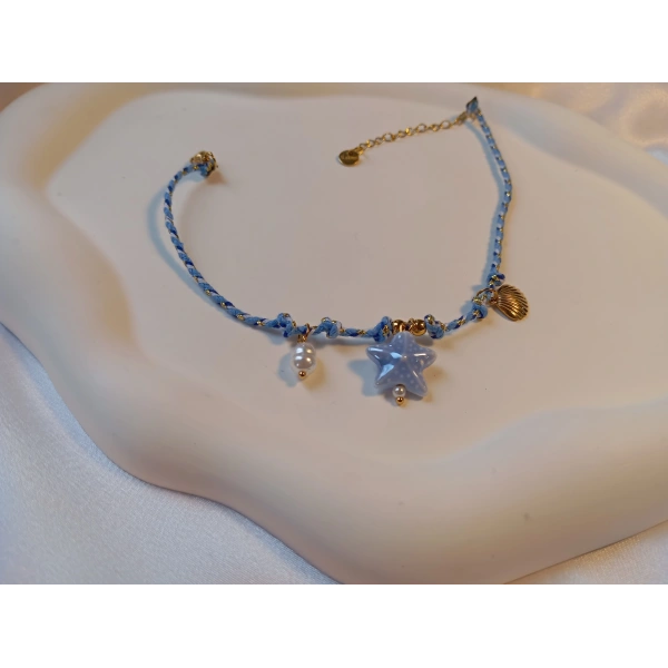 Euro Aksesuar Gold Kaplama Açık Mavi Kristal Taşlı Deniz Yıldızı ve İnci Halhal