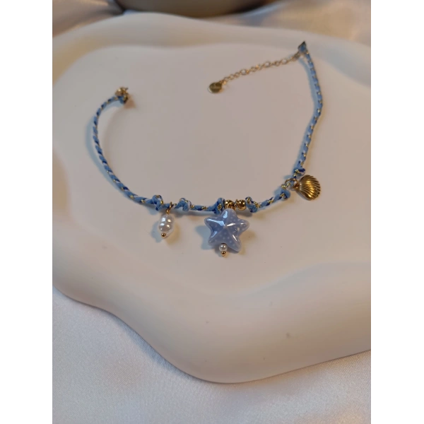 Euro Aksesuar Gold Kaplama Açık Mavi Kristal Taşlı Deniz Yıldızı ve İnci Halhal
