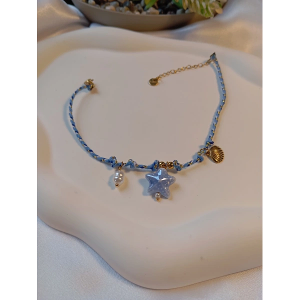Euro Aksesuar Gold Kaplama Açık Mavi Kristal Taşlı Deniz Yıldızı ve İnci Halhal