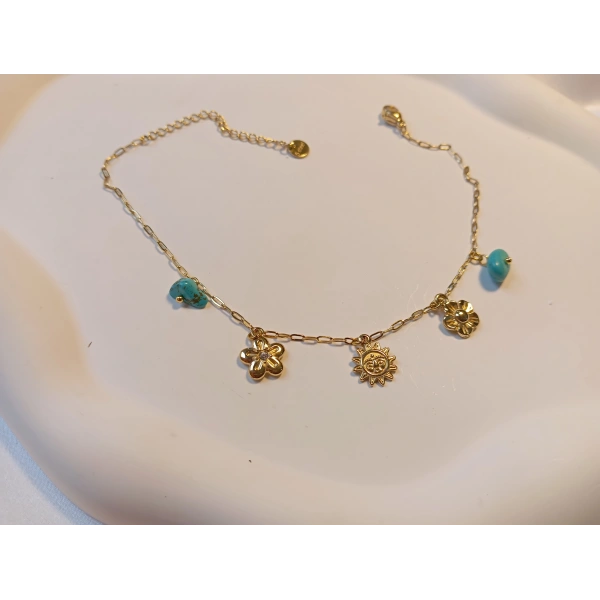 Euro Aksesuar Gold Kaplama Güneş ve Çiçek Figürlü Turkuaz Taşlı Çelik Halhal