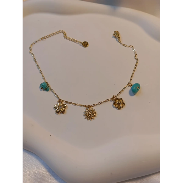 Euro Aksesuar Gold Kaplama Güneş ve Çiçek Figürlü Turkuaz Taşlı Çelik Halhal