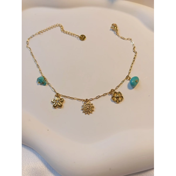Euro Aksesuar Gold Kaplama Güneş ve Çiçek Figürlü Turkuaz Taşlı Çelik Halhal