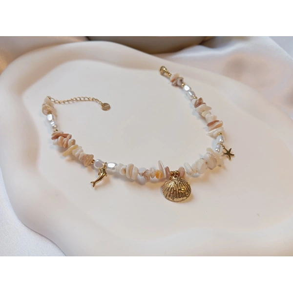 Gold Kaplama Doğal Taş Görünümlü Krem Çelik Halhal (22-26 cm)