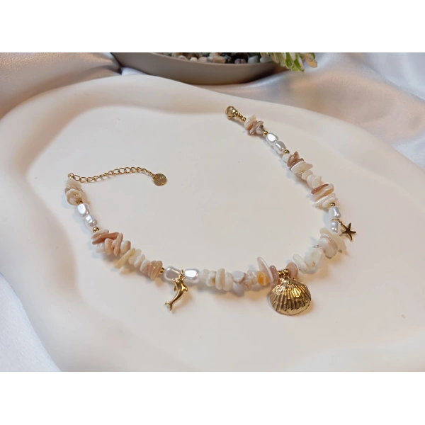 Gold Kaplama Doğal Taş Görünümlü Krem Çelik Halhal (22-26 cm)