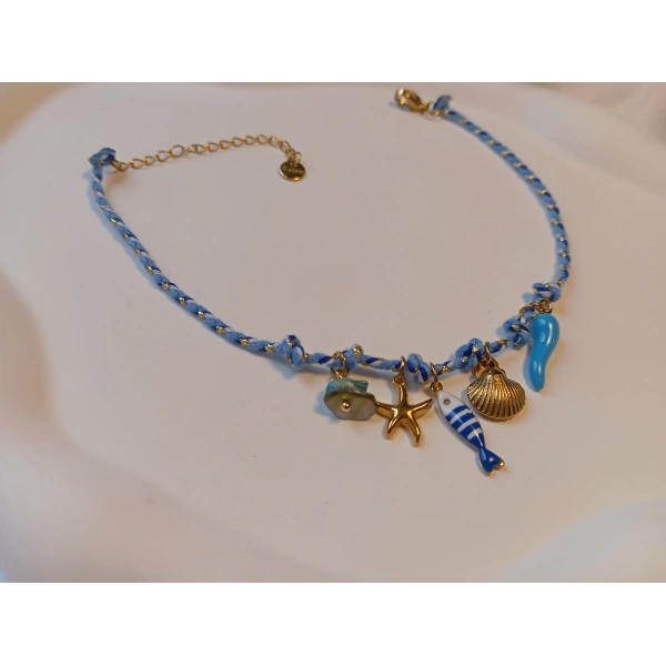 Gold Detaylı Marin Temalı Mavi Çelik Halhal (22-27 cm)