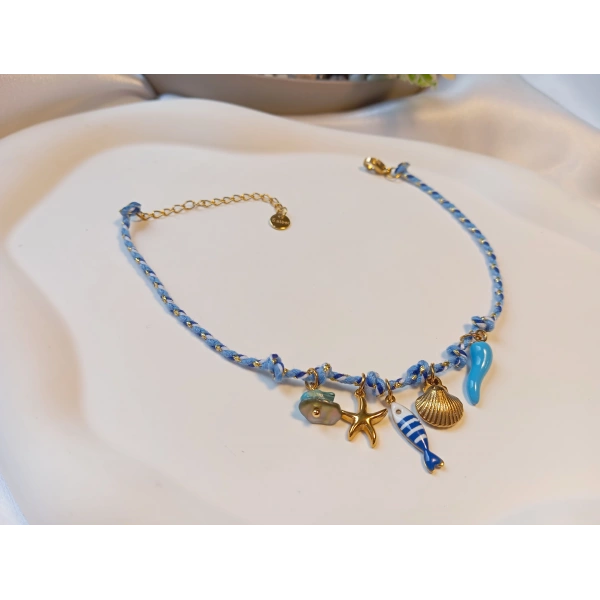 Gold Detaylı Marin Temalı Mavi Çelik Halhal (22-27 cm)