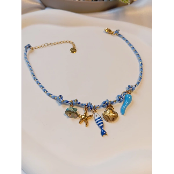 Gold Detaylı Marin Temalı Mavi Çelik Halhal (22-27 cm)