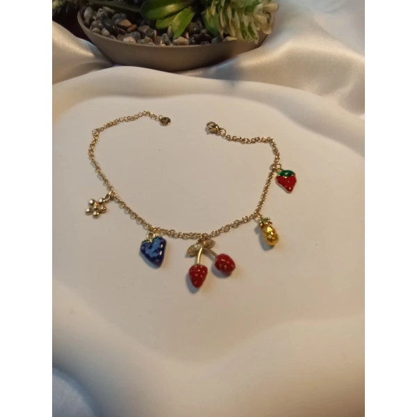 Meyve Figürlü Gold Kaplama Renkli Çelik Halhal (21-26 cm)