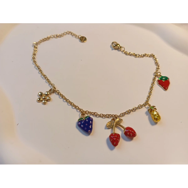 Meyve Figürlü Gold Kaplama Renkli Çelik Halhal (21-26 cm)