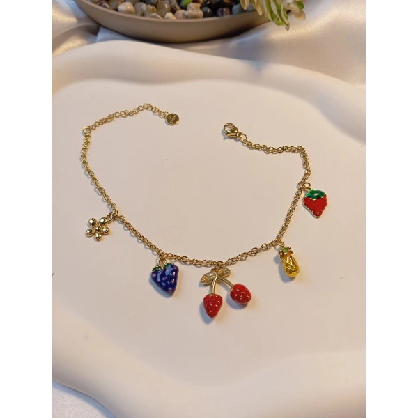 Meyve Figürlü Gold Kaplama Renkli Çelik Halhal (21-26 cm)