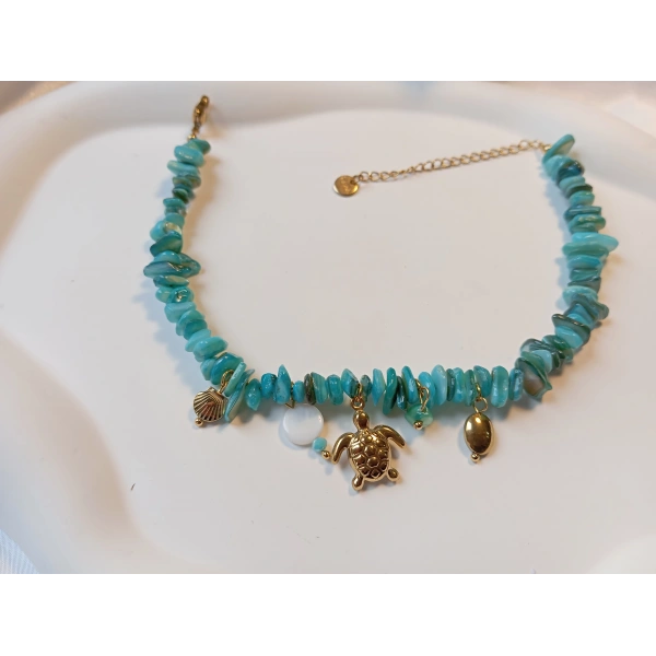 Turkuaz Doğal Taş Görünümlü Kaplumbağa Figürlü Gold Çelik Halhal (21-26 cm)