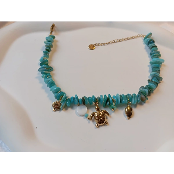 Turkuaz Doğal Taş Görünümlü Kaplumbağa Figürlü Gold Çelik Halhal (21-26 cm)