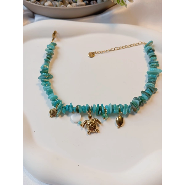 Turkuaz Doğal Taş Görünümlü Kaplumbağa Figürlü Gold Çelik Halhal (21-26 cm)