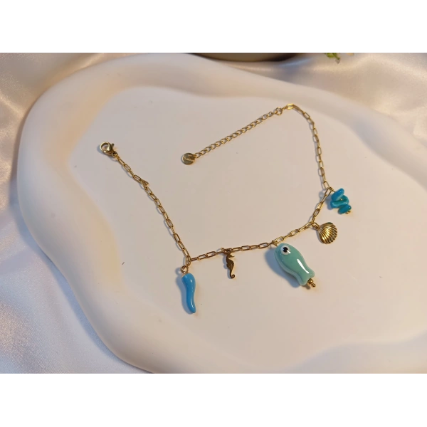 Mavi Balık ve Midye Figürlü Gold Kaplama Çelik Halhal (22-27 cm)