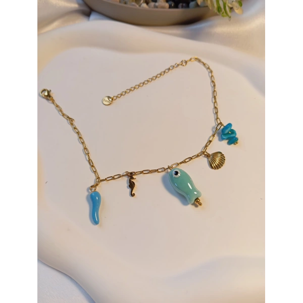 Mavi Balık ve Midye Figürlü Gold Kaplama Çelik Halhal (22-27 cm)