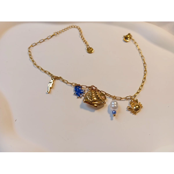 Deniz Dünyası Figürlü İncili Gold Çelik Halhal (22-27 cm)