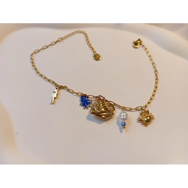 Deniz Dünyası Figürlü İncili Gold Çelik Halhal (22-27 cm)