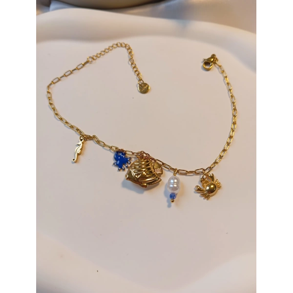 Deniz Dünyası Figürlü İncili Gold Çelik Halhal (22-27 cm)