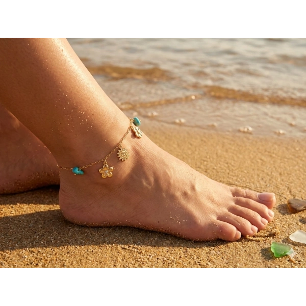 Euro Aksesuar Gold Kaplama Güneş ve Çiçek Figürlü Turkuaz Taşlı Çelik Halhal