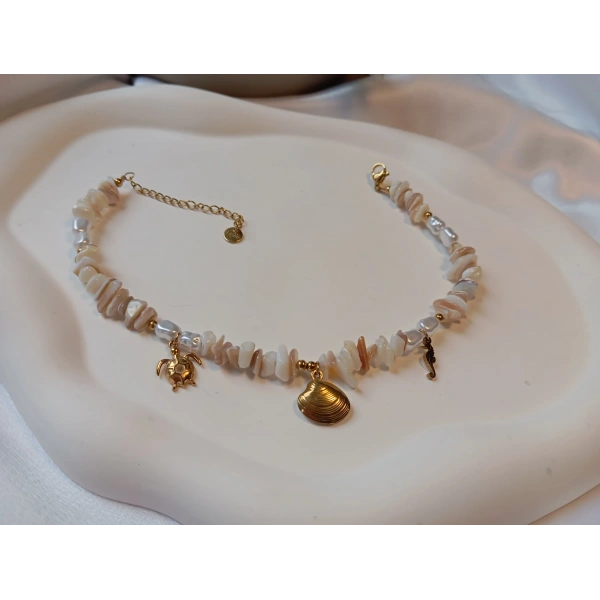 Gold Marin Figürlü Krem Doğal Taş Görünümlü Çelik Halhal (23-28 cm)