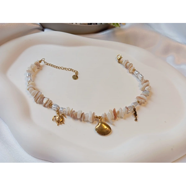 Gold Marin Figürlü Krem Doğal Taş Görünümlü Çelik Halhal (23-28 cm)