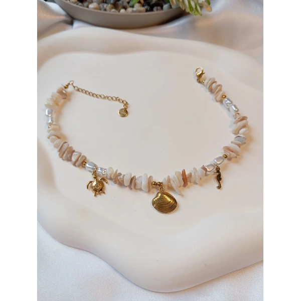 Gold Marin Figürlü Krem Doğal Taş Görünümlü Çelik Halhal (23-28 cm)