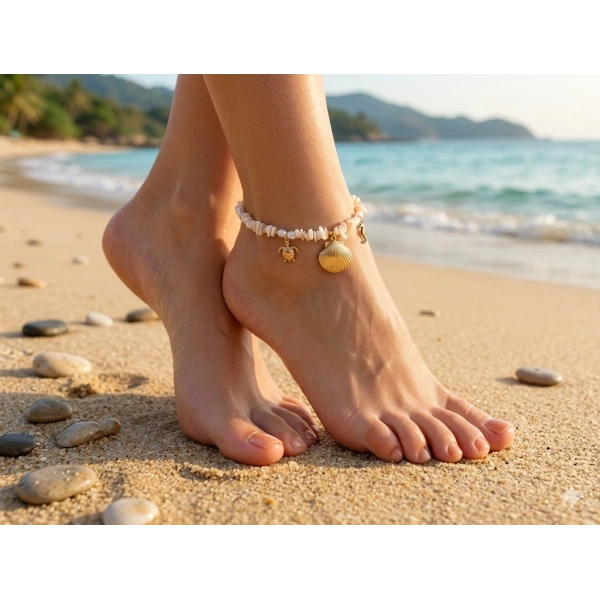 Gold Marin Figürlü Krem Doğal Taş Görünümlü Çelik Halhal (23-28 cm)