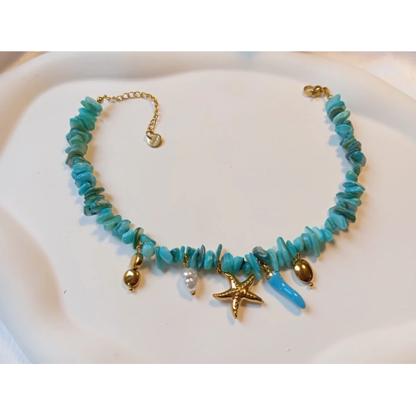 Euro Aksesuar Paslanmaz Çelik Deniz Yıldızı Figürlü Turkuaz Doğal Taş Halhal (22-27 cm)