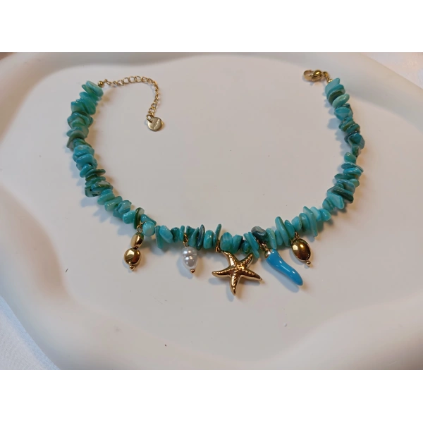 Euro Aksesuar Paslanmaz Çelik Deniz Yıldızı Figürlü Turkuaz Doğal Taş Halhal (22-27 cm)