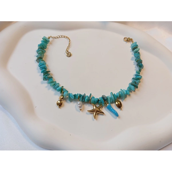 Euro Aksesuar Paslanmaz Çelik Deniz Yıldızı Figürlü Turkuaz Doğal Taş Halhal (22-27 cm)