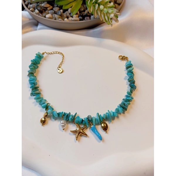 Euro Aksesuar Paslanmaz Çelik Deniz Yıldızı Figürlü Turkuaz Doğal Taş Halhal (22-27 cm)