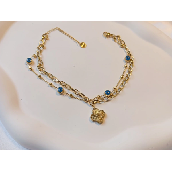 Ürün Adı Euro Aksesuar Paslanmaz Çelik Gold Çift Sıra Nazar Boncuklu ve Yonca Figürlü Halhal (22-27 cm)