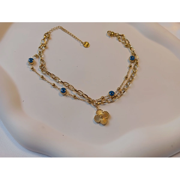 Ürün Adı Euro Aksesuar Paslanmaz Çelik Gold Çift Sıra Nazar Boncuklu ve Yonca Figürlü Halhal (22-27 cm)