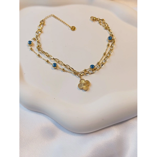 Ürün Adı Euro Aksesuar Paslanmaz Çelik Gold Çift Sıra Nazar Boncuklu ve Yonca Figürlü Halhal (22-27 cm)