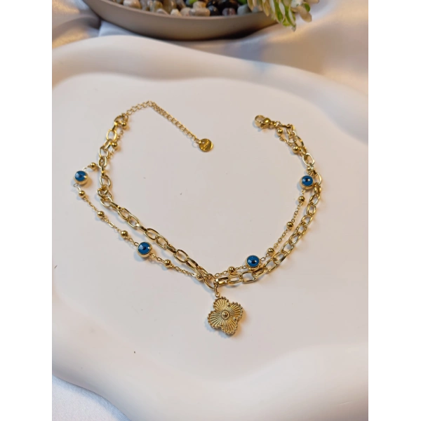 Ürün Adı Euro Aksesuar Paslanmaz Çelik Gold Çift Sıra Nazar Boncuklu ve Yonca Figürlü Halhal (22-27 cm)